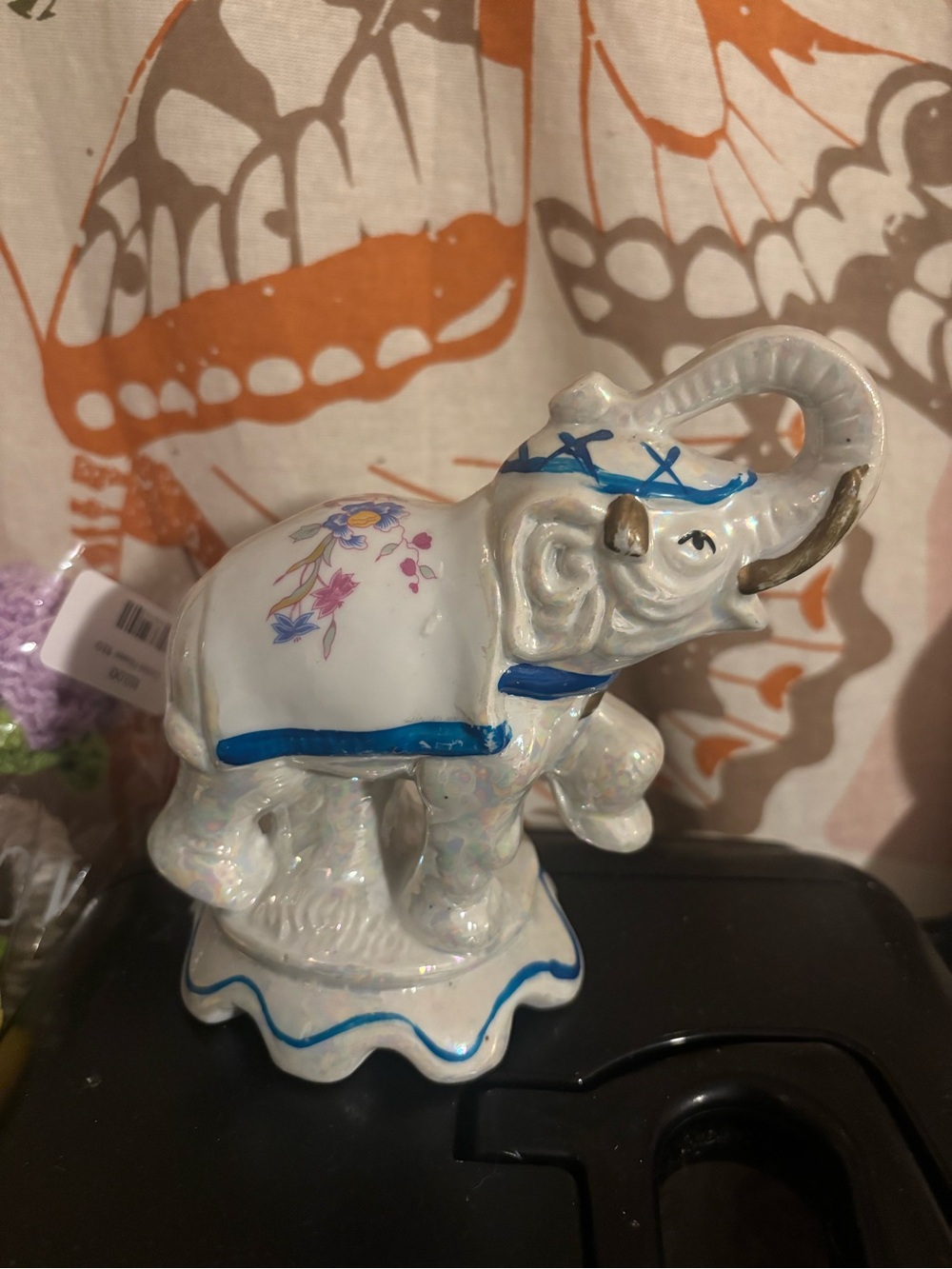 Decorative Ceramic Elephant Figurine in White and Blue with minor paint loss